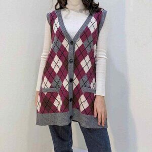 Cabi Gray Rasberry Argyle Sleeveless Vest size 6 NWT New